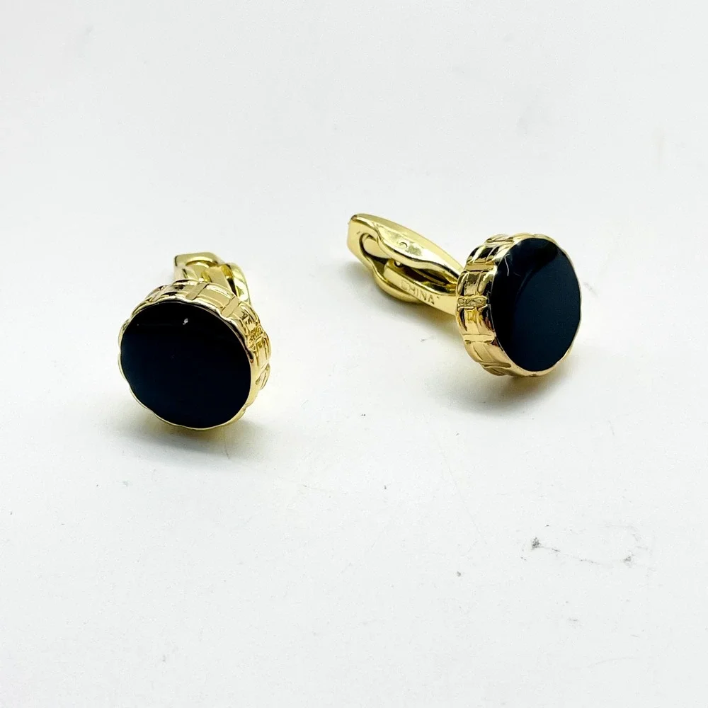 Vintage Black Bead Gold Tone Cufflinks Round Formal Wedding Mens Accessories